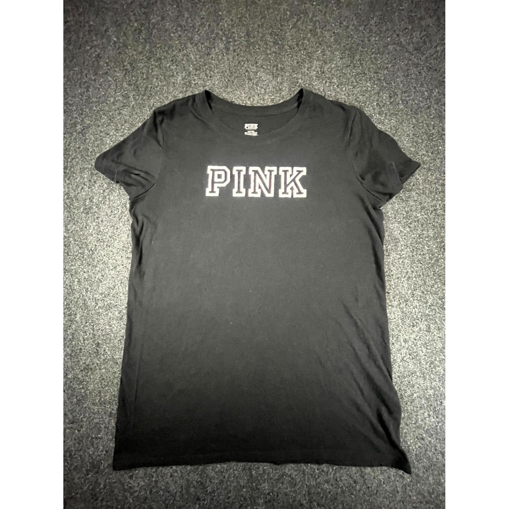 Victoria's Secret PINK T Shirt Womens Medium Black Cotton Crew Neck Short Sleeve